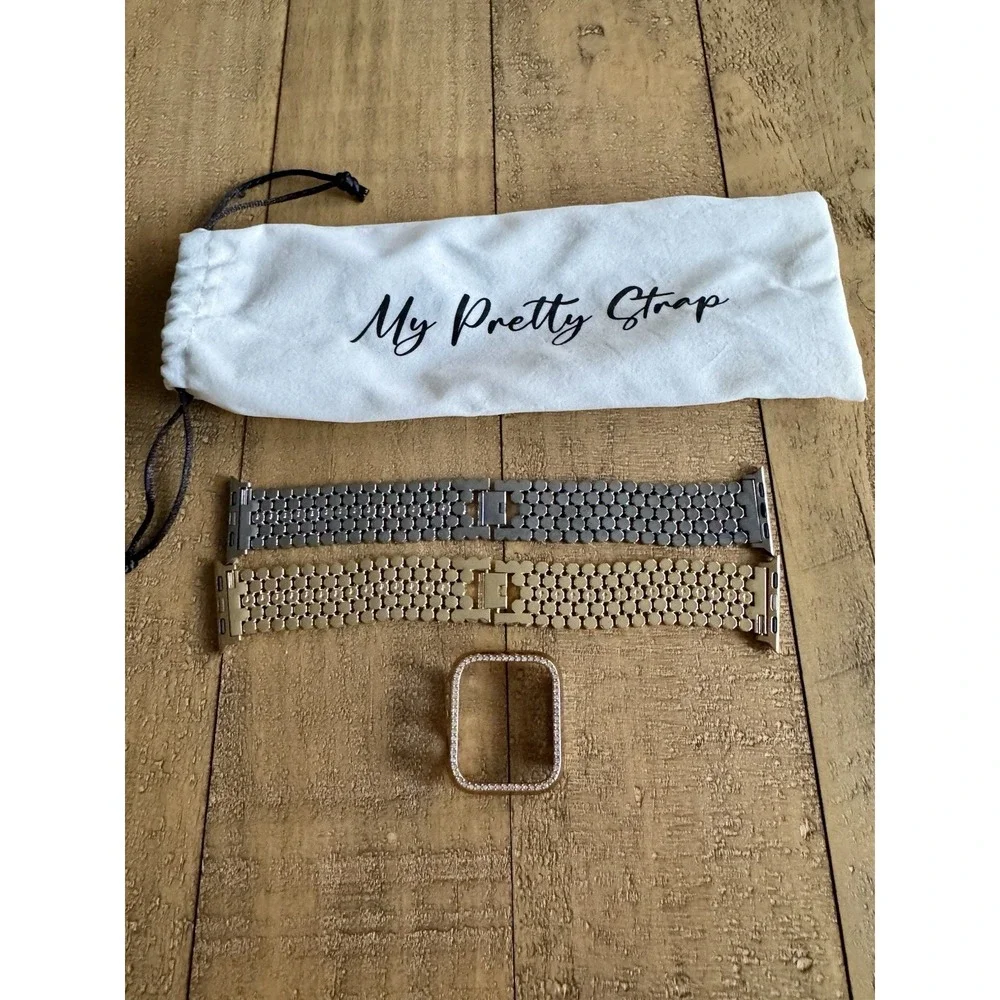 Apple Watch Band Set 44/45/46/49mm Metal Strap Silver Gold + Bling Rhinestone - Picture 1 of 6
